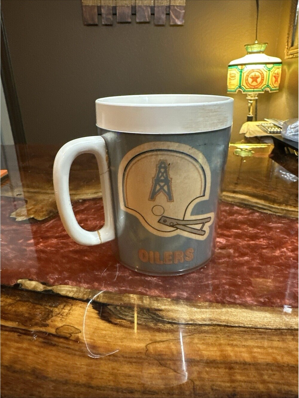 HOUSTON OILERS VINTAGE NFL THERMO SERV PLASTIC BEER MUG / COFFEE CUP